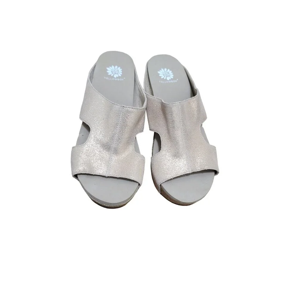Yellowbox Basic Sage Leather  Metallic Womens Glittery Beige Wedge Sandals - Siz